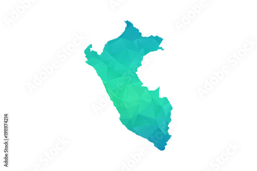 Peru Map - Polygon Style Vector Illustration in Green and Blue Gradient, Low Poly Geometric Design, Isolated on White Background, Perfect for Infographics and Learning Use.