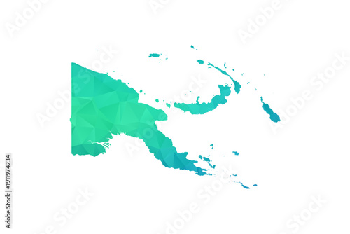 Papua New Guinea Map - Polygon Style Vector Illustration in Green and Blue Gradient, Low Poly Geometric Design, Isolated on White Background, Perfect for Infographics and Learning Use.