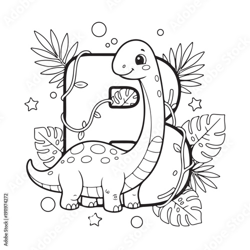 B is for Brachiosaurus Dinosaur Coloring Page for Kids Black and White Line Art