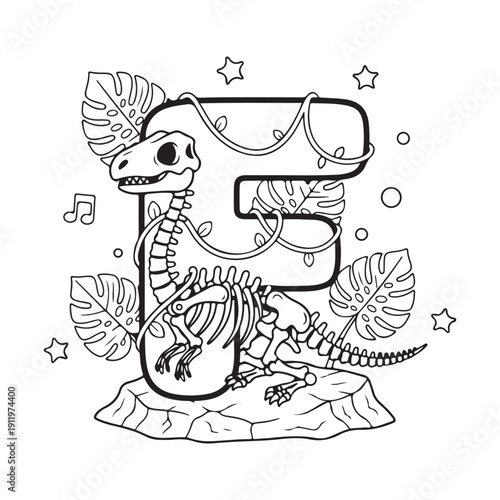 F is for Fossil Dinosaur Coloring Page for Kids Educational Black and White Line Art