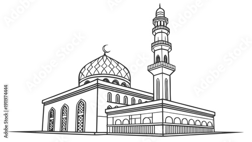 Futuristic mosque with Islamic lantern and minaret, viewed from the front, in a clean and modern architectural style, illustrated in a vector graphic format.