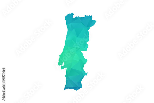Portugal Map - Polygon Style Vector Illustration in Green and Blue Gradient, Low Poly Geometric Design, Isolated on White Background, Perfect for Infographics and Learning Use.