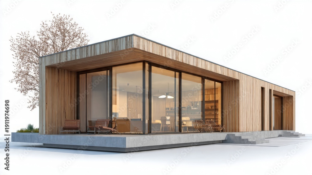 Fototapeta premium Modern minimalist house with large glass windows