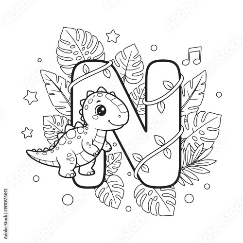 N is for Nodosaurus Dinosaur Coloring Page for Kids Black and White Line Art