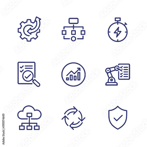 Minimal flat monoline icons for workflow optimization systems and automated efficiency improvement featuring process flowcharts bottleneck detection and resource allocation nodes