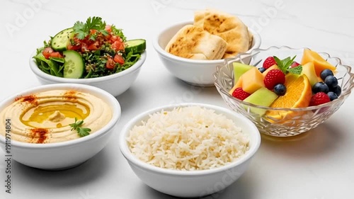 Delicious Middle Eastern food spread with hummus, salad, rice, pita bread, and fresh fruit