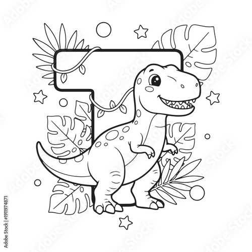 T is for Tyrannosaurus Dinosaur Coloring Page for Kids Black and White Line Art
