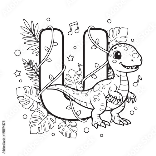 U is for Utahraptor Dinosaur Coloring Page for Kids Black and White Line Art