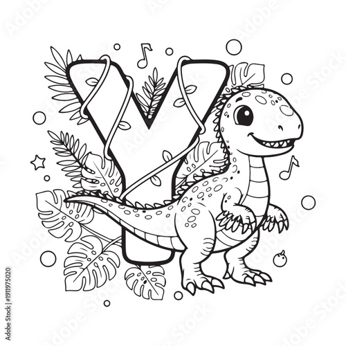 Y is for Yutyrannus Dinosaur Coloring Page for Kids Black and White Line Art
