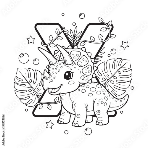 X is for Xenoceratops Dinosaur Coloring Page for Kids Black and White Line Art