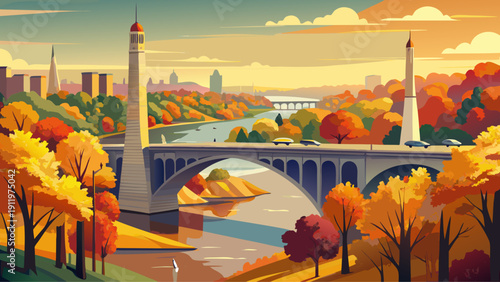Very beautiful autumn landscape panorama of the Potomac River featuring Theodore Roosevelt Island on the left, a pedestrian bridge, the Francis Scott Key Memorial Bridge, and Georgetown University in 