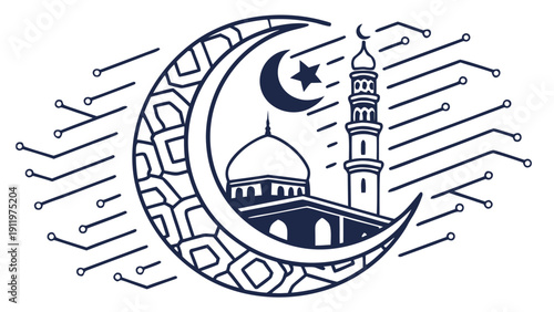 Crescent moon embracing a mosque with minaret and star, symbolizing Islamic technology fusion, depicted in a futuristic illustration with microchip elements.