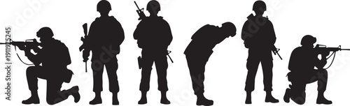 Silhouettes of soldiers in various combat poses against a white background.