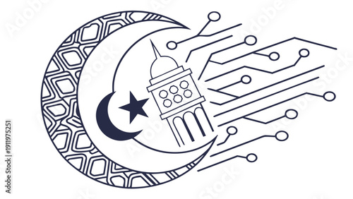 Crescent moon with star and mosque illustration combined with circuit board design representing technology and ramadan theme in a unique eps file