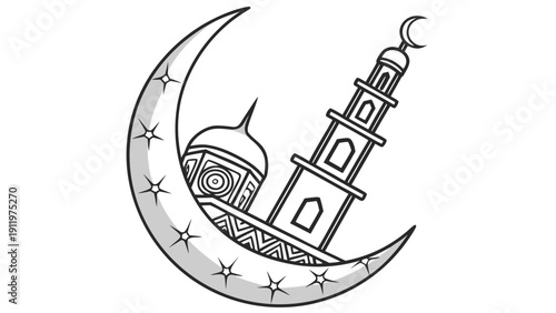 Crescent moon embracing a mosque with minaret and stars illustration during Ramadan, digital artwork