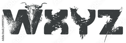 A vector font for word-images with bull and human scull, streaks, and scratches. Letters W, X, Y, and Z. The theme is horror, grunge, and urban. It creates a sense of madness, post-apocalypse, and und