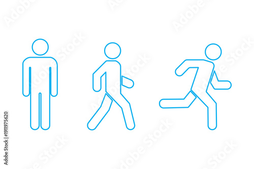 Man stands, walk and run icon set. People symbol. Person standing, walking and running illustration. Run, walk, stand. Vector illustration