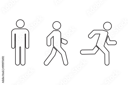 Man stands, walk and run icon set. People symbol. Person standing, walking and running illustration. Run, walk, stand. Vector illustration