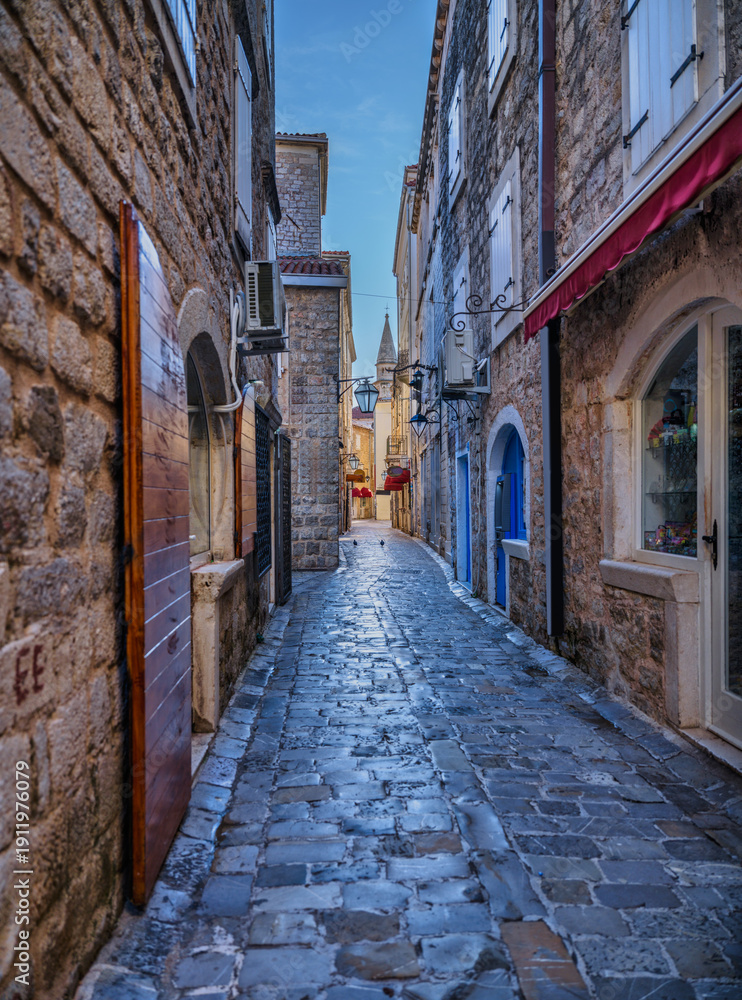 Obraz premium Budva Old Town Medieval Street and Stone Architecture