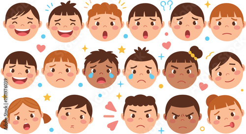 Diverse Kids Character Face Avatars Showing Various Emotions and Feelings Like Joy Sadness Anger and Confusion for Social Emotional Learning and Educational Digital Media Designs