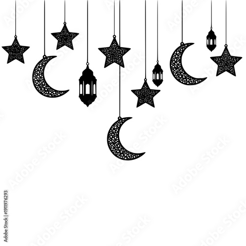 Ramadan kareem hanging decorations with crescent moon, stars, and lanterns