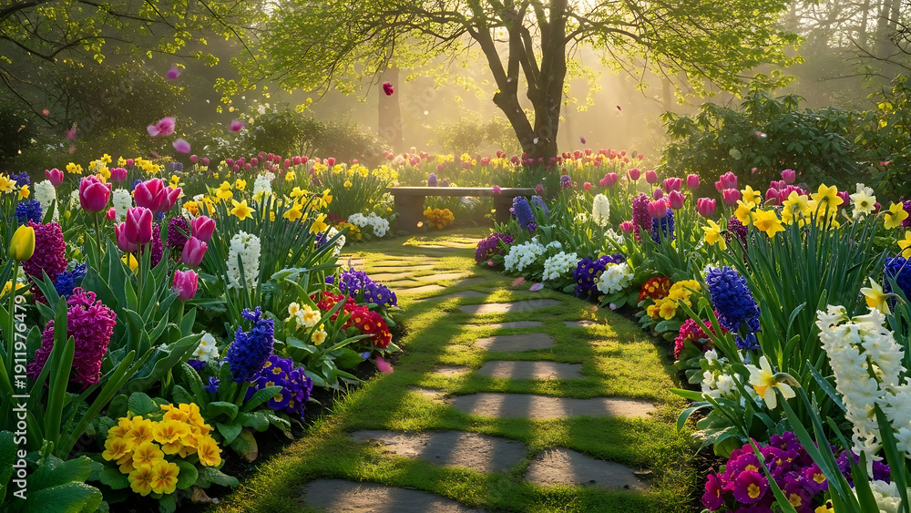 Fototapeta premium Magical garden path with stepping stones surrounded by abundant colorful tulips hyacinths and daffodils in soft morning light