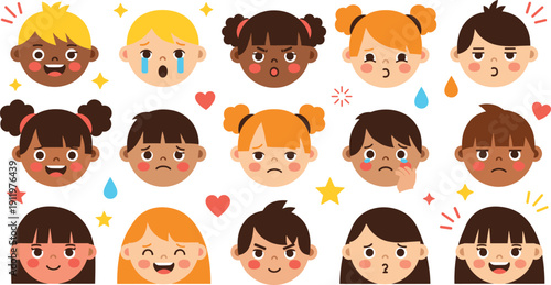 Diverse Kids Facial Expressions and Emotions Vector Set Featuring Happy Sad Angry and Crying Faces for Emotional Intelligence Education Psychology and Childcare Apps