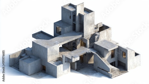 Brutalist Architecture Miniature Model Isometric View

