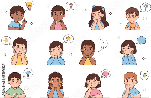 Diverse Kids Thinking and Problem Solving Illustration Set with Thought Bubbles Ideas and Curious Expressions for Educational Apps School Lessons and Creative Brainstorming Projects