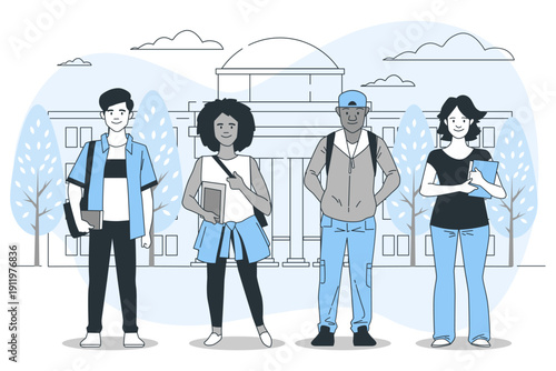 Diverse college students group smiling outdoors campus building sunny day vector illustration