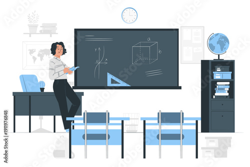 Female teacher explaining math on chalkboard in modern classroom with globe and plants