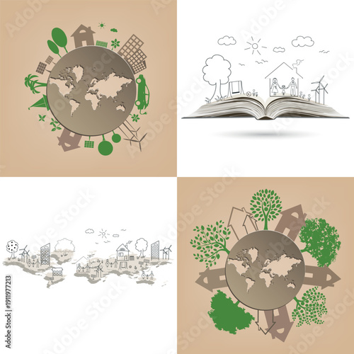 Happy family stories on an open book, globe, world map, against the backdrop of a city, house, tree, and solar panels. Collection. Eco friendly world.