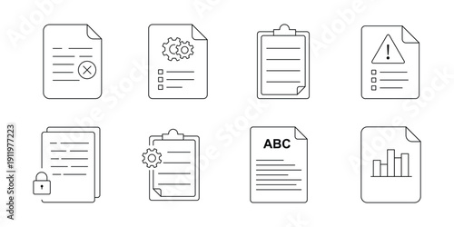 Document File Outline Icon Set  Paper Report Checklist PDF Contract Business Form and Office Documentation Line Style Symbols Vector Illustration Collection icon set.eps10