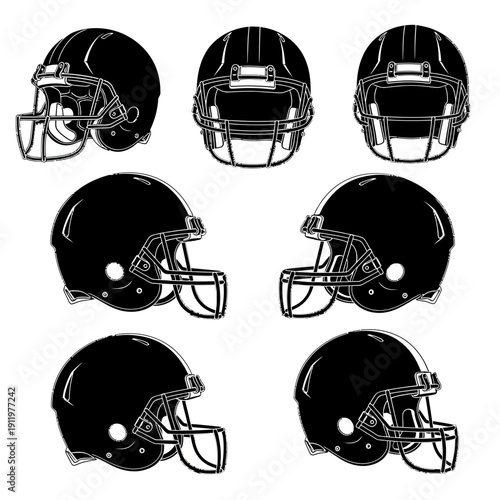 Eight black and white football helmets arranged in a grid pattern