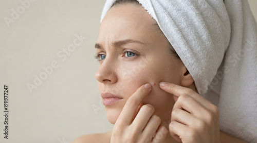 A concerned female woman with a white towel on her head prepares to squeeze a pimple for acne treatment.