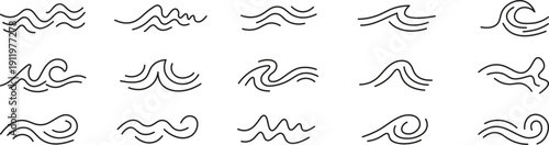 Water wave vector set. Water wave line icon set. Hand drawn water design elements. lowing river water and sea wave marks icons. Wave illustration sign