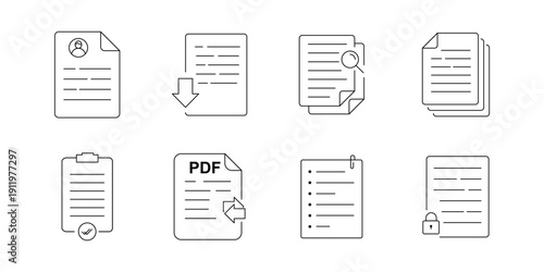Document File Outline Icon Set  Paper Report Checklist PDF Contract Business Form and Office Documentation Line Style Symbols Vector Illustration Collection icon set.eps10