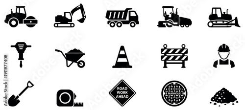 Road construction icons set. Road Construction Icons. Road Construction. Solid icon set of Road construction. Vector Illustration.