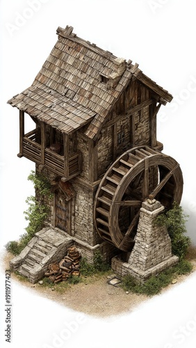 Old Water Mill Diorama Scene with Wooden Wheel and Stream

