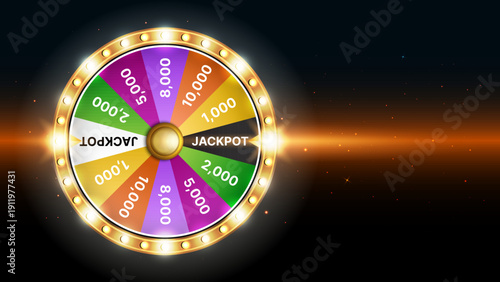 Bright Casino Spin Wheel with Glowing Bulbs and Jackpot Prize – Realistic 3D Lucky Draw Gambling Game, Lottery Fortune Wheel for Online Casino Promotion and Marketing Vector Illustration