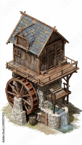 Old Water Mill Diorama Scene with Wooden Wheel and Stream

