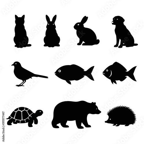 A collection of twelve black silhouettes of various animals, including mammals, birds, and reptiles.