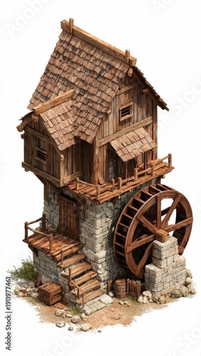 Old Water Mill Diorama Scene with Wooden Wheel and Stream

