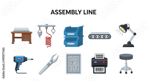 Icons representing various tools and equipment for an assembly line setup on a white background