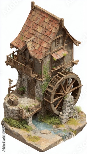 Old Water Mill Diorama Scene with Wooden Wheel and Stream

