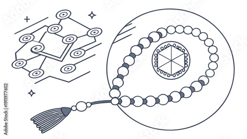 Ramadan crescent made of circuit lines and prayer beads illustration in a circular frame with a geometric pattern