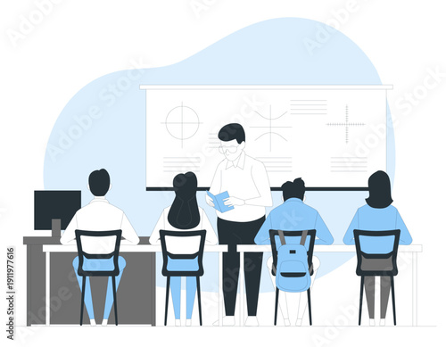 Diverse students attending teacher lecture in modern classroom with brain diagram on whiteboard