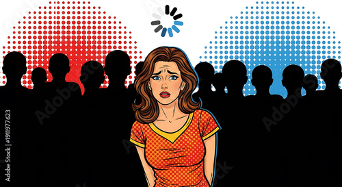 Anxious Woman in Crowd Pop Art for Mental Health Awareness Concept, mental health articles, therapy websites, and wellness social media content.