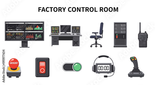 Illustration of various electronic equipment and controls for a factory control room