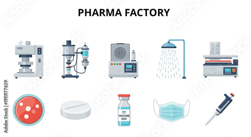 Illustration of various pharmaceutical factory equipment and supplies